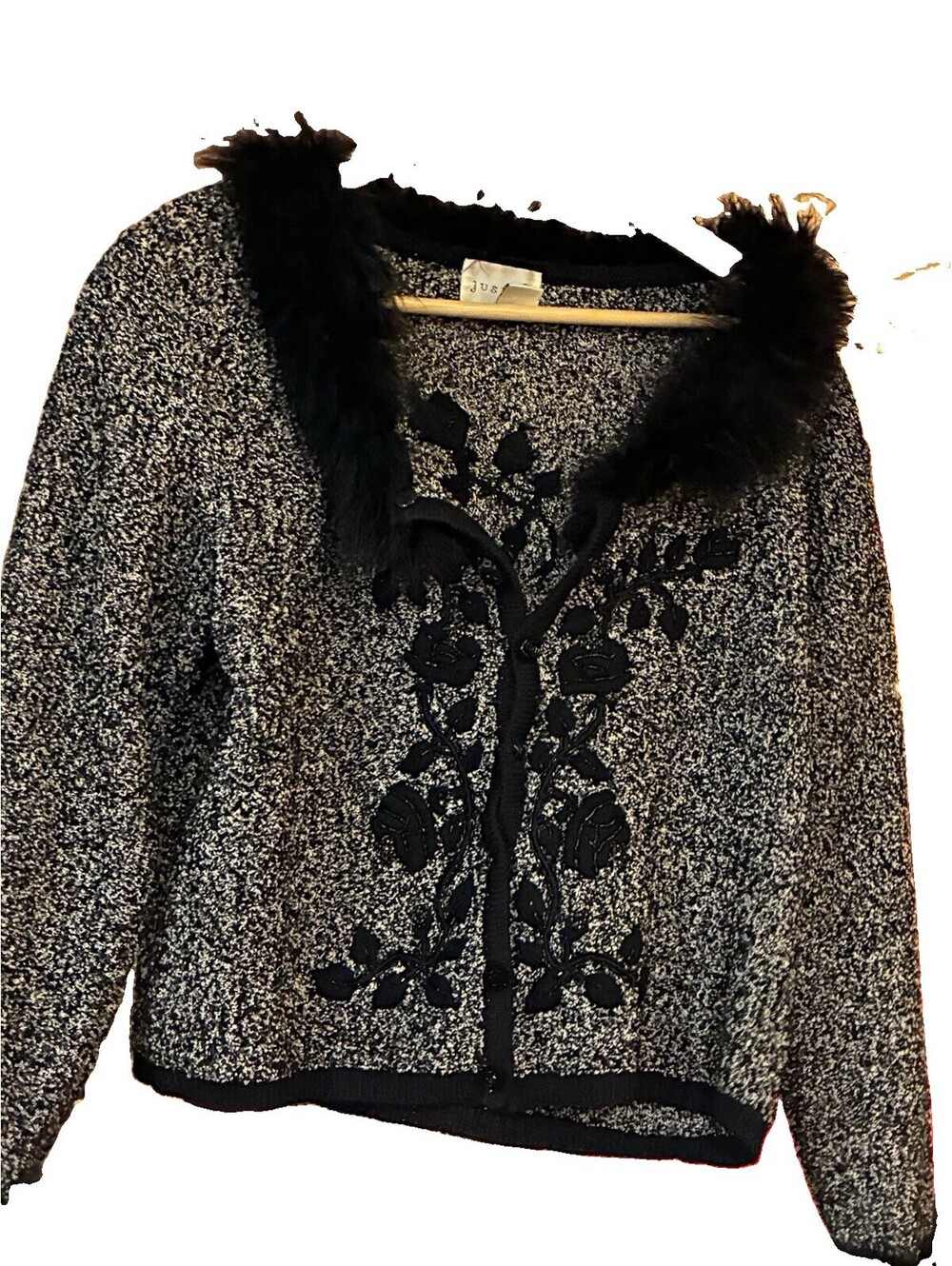Just B Women’s Black White Knit Full Zip Cardigan Sweater Faux Fur Embroidered